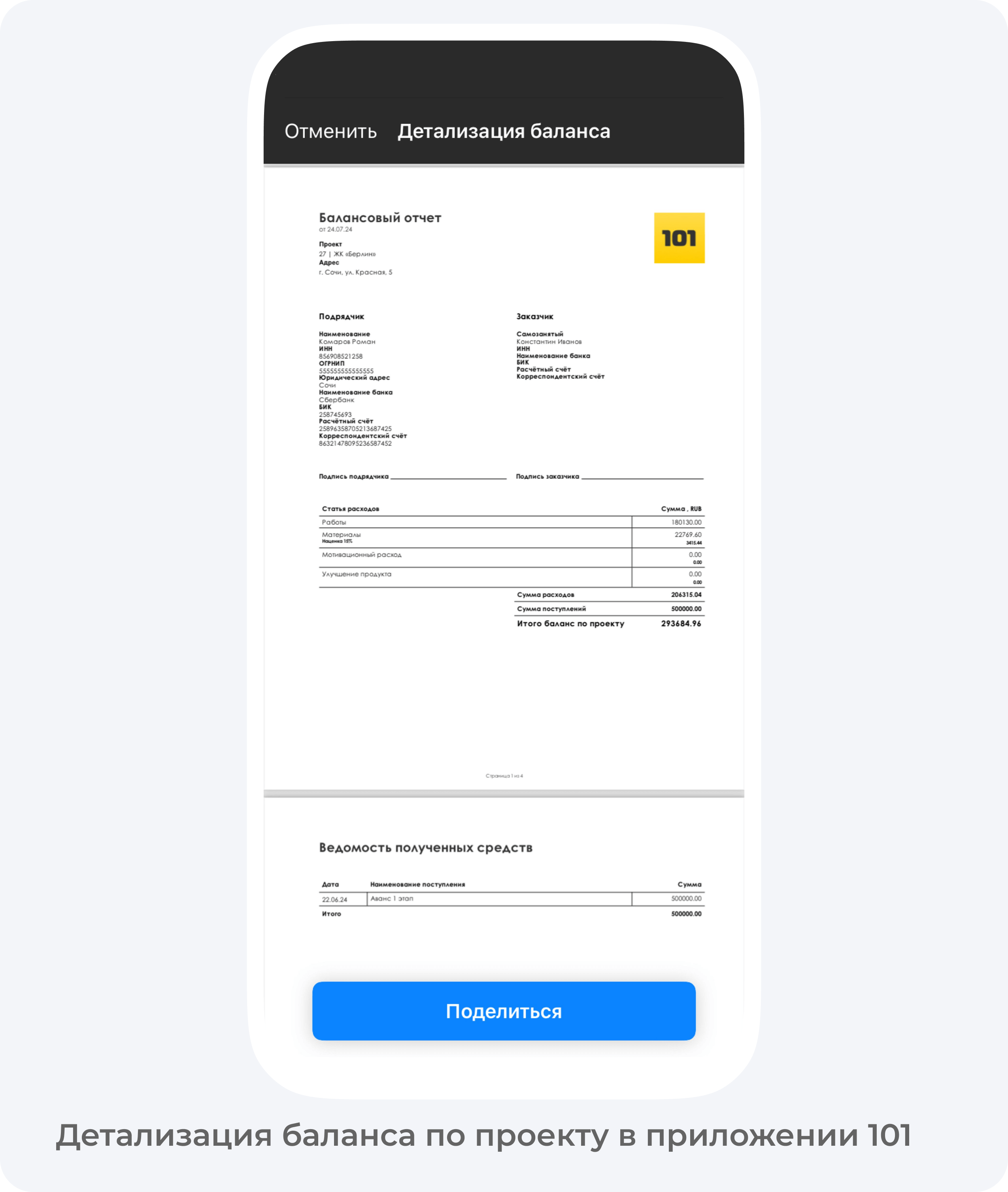 Детализация баланса по проекту в приложении 101