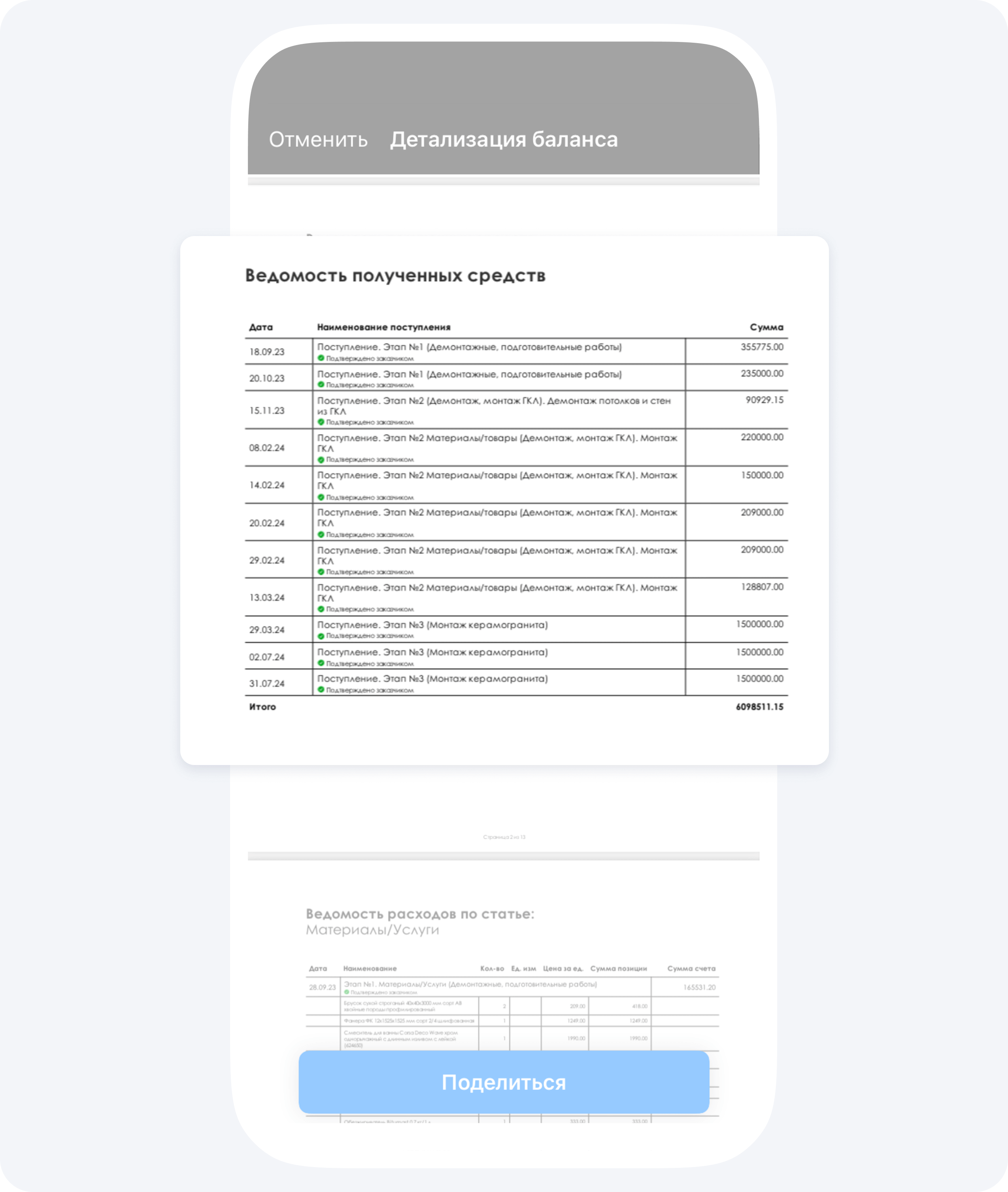Ведомость полученных средств в отчете для заказчика